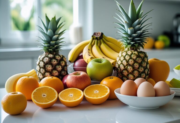 Frutas frescas e ovos crus dispostos sobre uma bancada de cozinha iluminada pela luz natural.