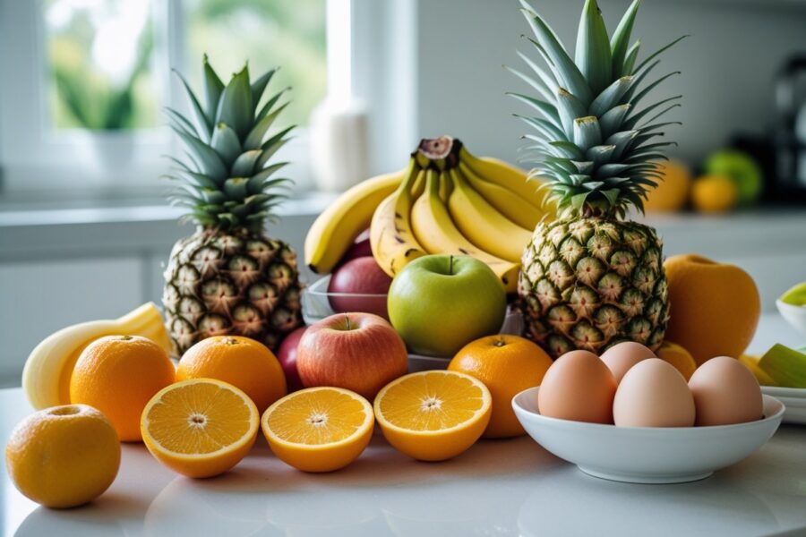 Frutas frescas e ovos crus dispostos sobre uma bancada de cozinha iluminada pela luz natural.