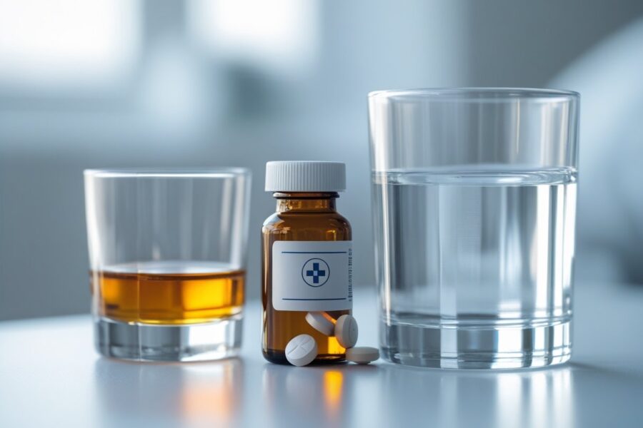 Um copo de água ao lado de um frasco de comprimidos e um copo com bebida alcoólica em uma superfície branca.