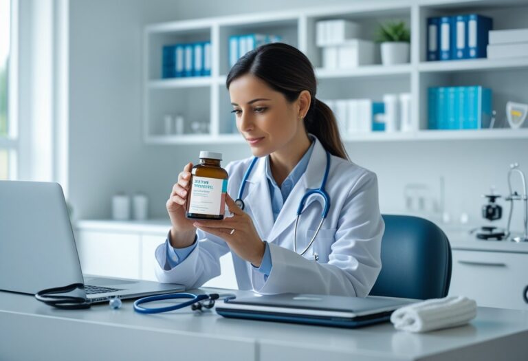 Médica sentada à mesa do consultório segurando um frasco de remédio, em ambiente clínico limpo e iluminado.