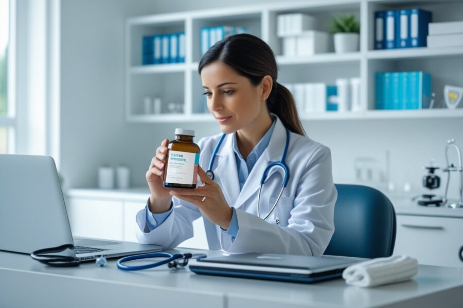 Médica sentada à mesa do consultório segurando um frasco de remédio, em ambiente clínico limpo e iluminado.