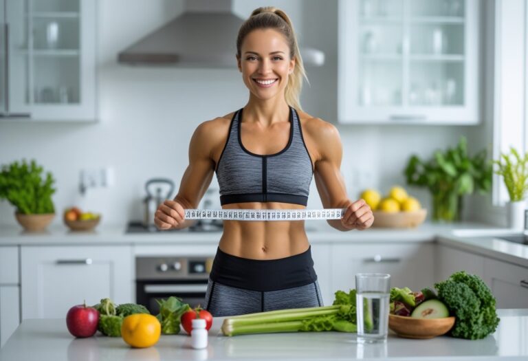 Mulher sorridente em roupa esportiva medindo a cintura na cozinha com frutas e suplementos ao fundo.