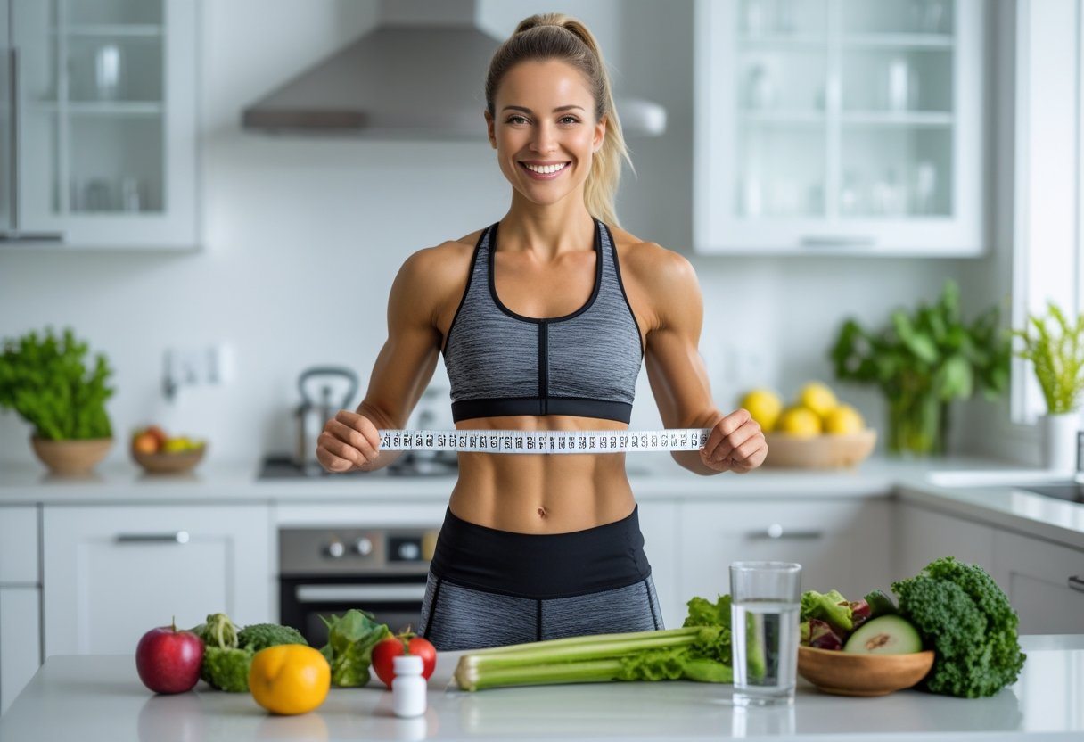 Mulher sorridente em roupa esportiva medindo a cintura na cozinha com frutas e suplementos ao fundo.