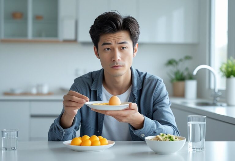 Pessoa jovem sentada à mesa da cozinha segurando um ovo cozido, com expressão pensativa.