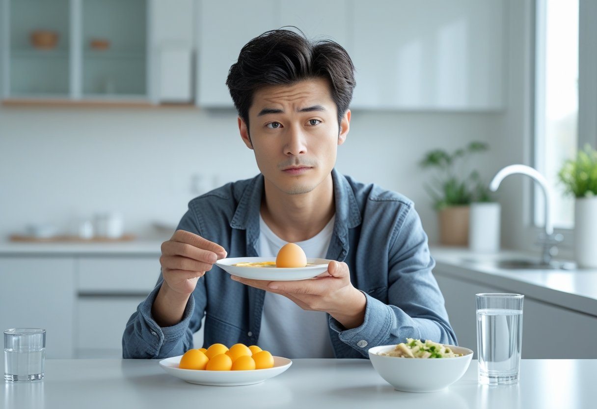 Pessoa jovem sentada à mesa da cozinha segurando um ovo cozido, com expressão pensativa.