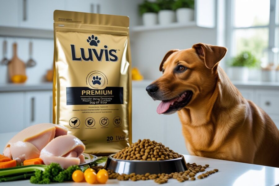 Saco dourado de ração para cães ao lado de ingredientes naturais e um cachorro saudável olhando para a comida em uma cozinha clara.