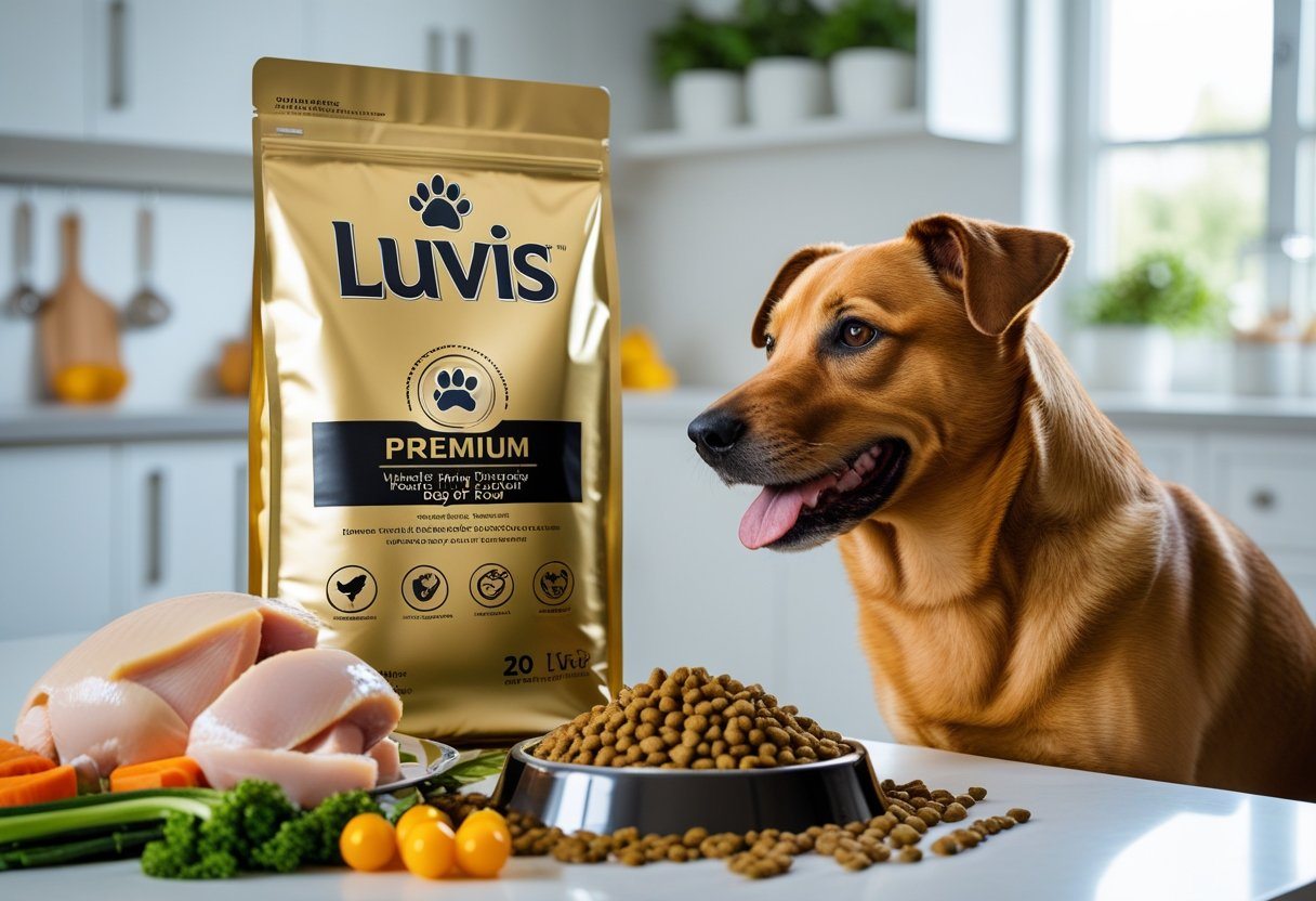 Saco dourado de ração para cães ao lado de ingredientes naturais e um cachorro saudável olhando para a comida em uma cozinha clara.