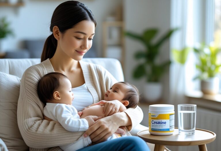 Mãe amamentando seu bebê sentada confortavelmente em uma sala iluminada, com um pote de creatina e um copo de água em uma mesa ao lado.