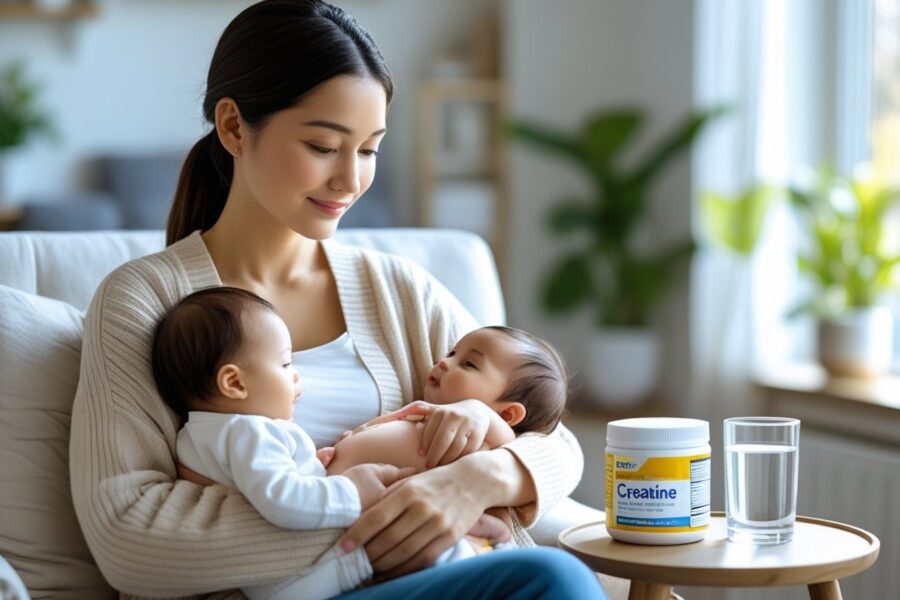 Mãe amamentando seu bebê sentada confortavelmente em uma sala iluminada, com um pote de creatina e um copo de água em uma mesa ao lado.