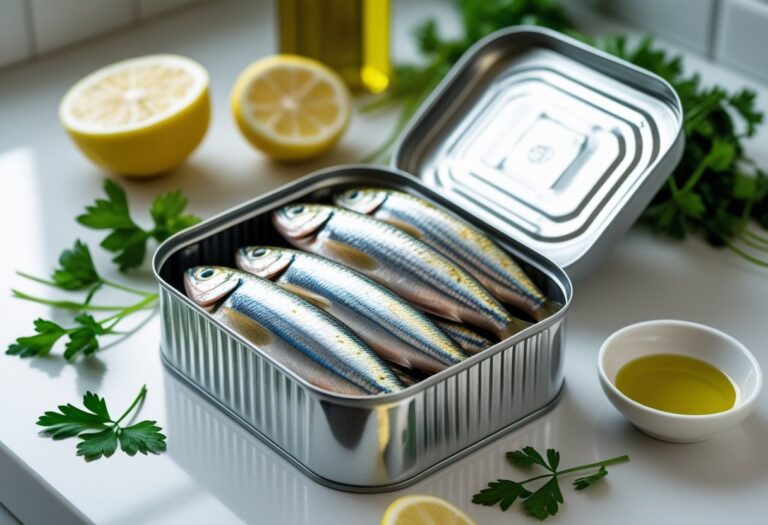Uma lata aberta de sardinhas frescas sobre uma bancada de cozinha com um pedaço de limão, salsinha e uma tigela pequena de azeite ao redor.