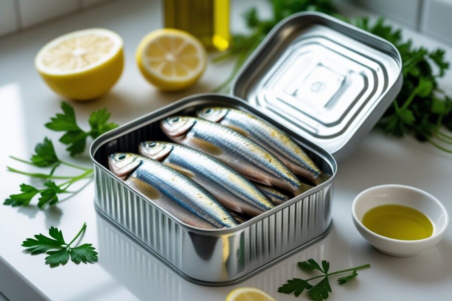 Uma lata aberta de sardinhas frescas sobre uma bancada de cozinha com um pedaço de limão, salsinha e uma tigela pequena de azeite ao redor.