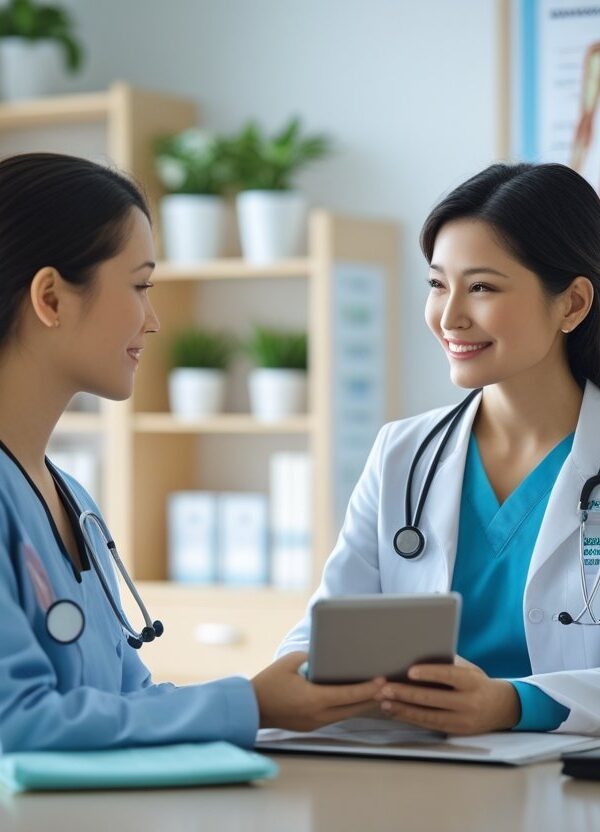 Doutora conversando com paciente em consultório médico moderno, transmitindo confiança e cuidado.