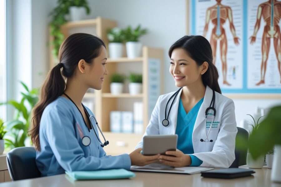Doutora conversando com paciente em consultório médico moderno, transmitindo confiança e cuidado.