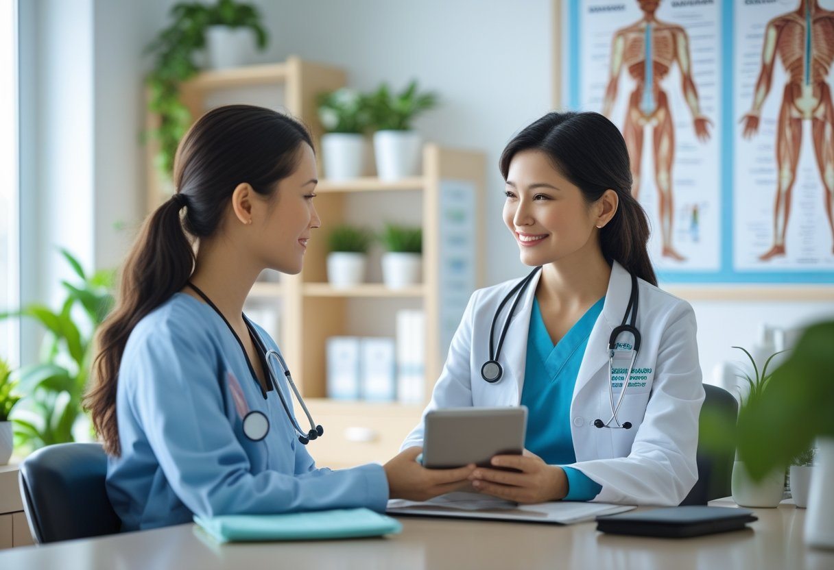 Doutora conversando com paciente em consultório médico moderno, transmitindo confiança e cuidado.