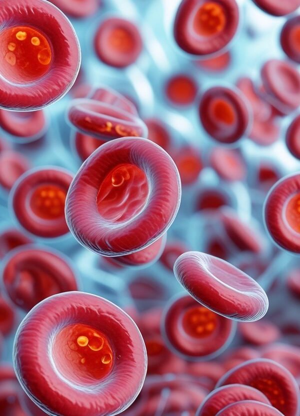 Imagem em close-up de uma grande quantidade de glóbulos vermelhos concentrados em um fundo claro.