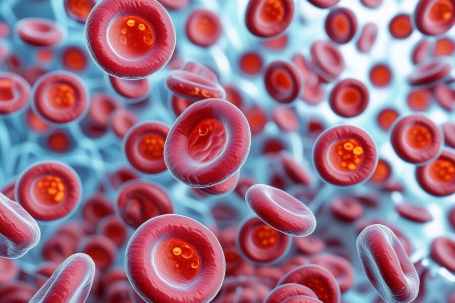 Imagem em close-up de uma grande quantidade de glóbulos vermelhos concentrados em um fundo claro.