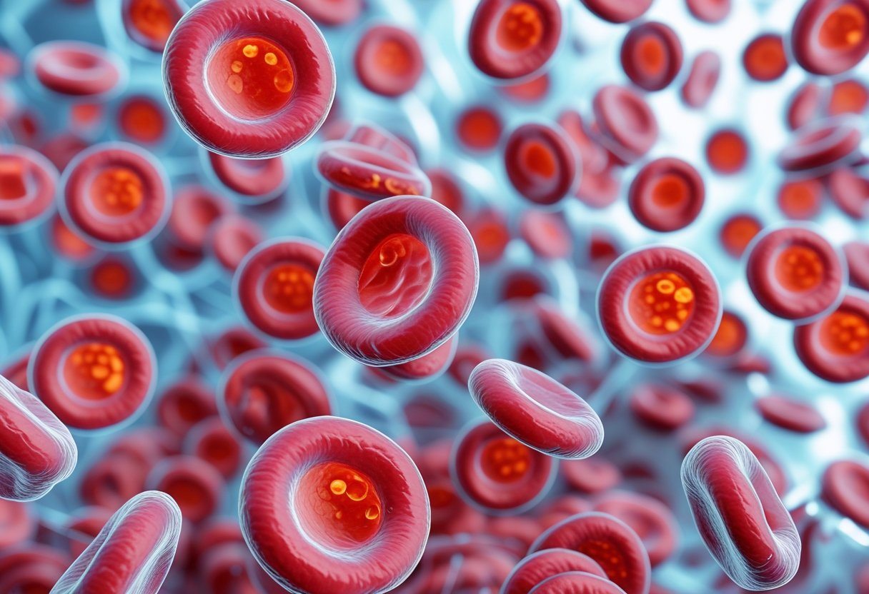 Imagem em close-up de uma grande quantidade de glóbulos vermelhos concentrados em um fundo claro.