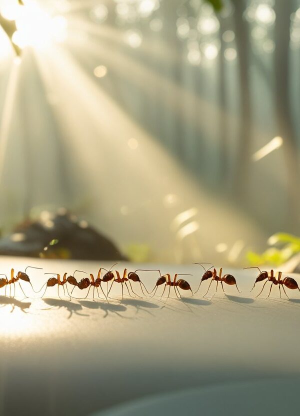 Close-up de formigas trabalhando juntas em um ambiente natural com luz suave e folhas ao redor.