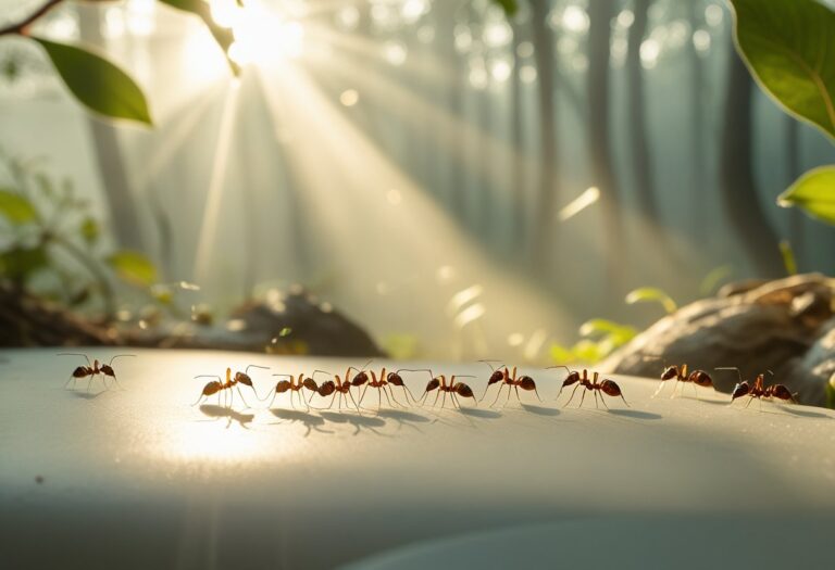 Close-up de formigas trabalhando juntas em um ambiente natural com luz suave e folhas ao redor.