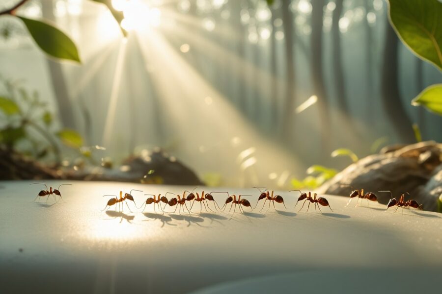 Close-up de formigas trabalhando juntas em um ambiente natural com luz suave e folhas ao redor.