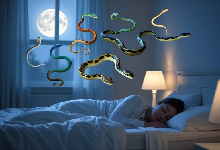 Pessoa dormindo tranquilamente em uma cama, com imagens sutis de cobras vivas flutuando acima, simbolizando um sonho.