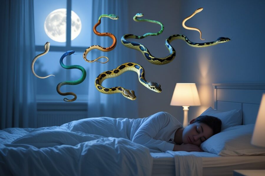 Pessoa dormindo tranquilamente em uma cama, com imagens sutis de cobras vivas flutuando acima, simbolizando um sonho.