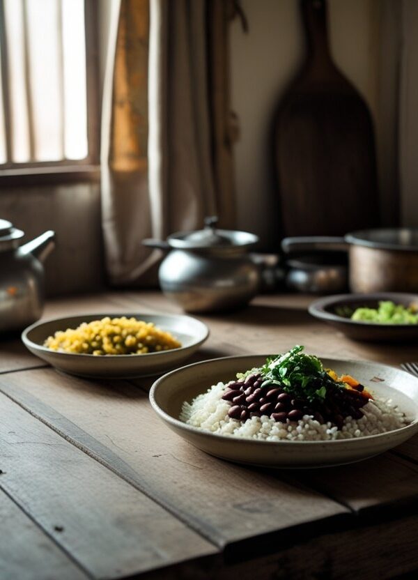 Mesa simples com uma refeição modesta composta por arroz, feijão e legumes em um prato de cerâmica, em uma cozinha humilde com utensílios básicos e luz natural entrando pela janela.