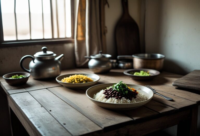 Mesa simples com uma refeição modesta composta por arroz, feijão e legumes em um prato de cerâmica, em uma cozinha humilde com utensílios básicos e luz natural entrando pela janela.