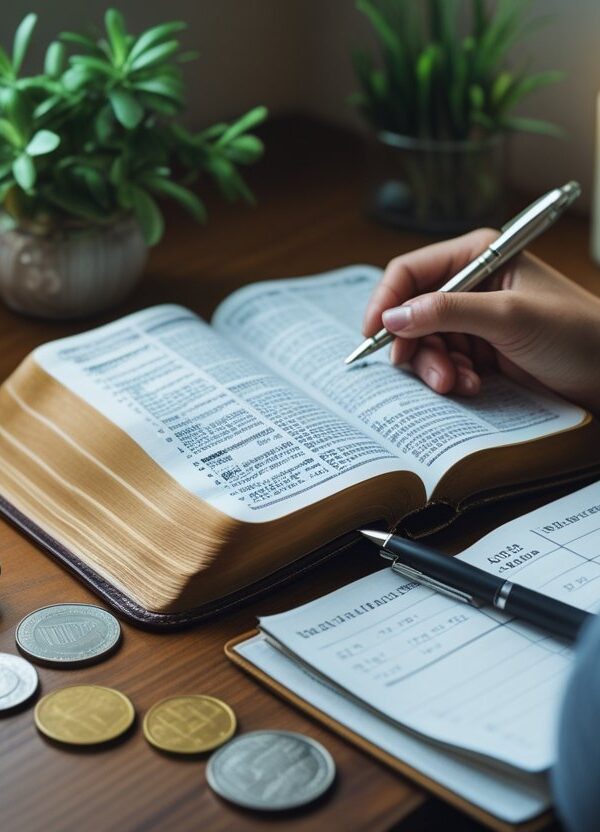Pessoa sentada em uma mesa lendo a Bíblia, com dinheiro, calculadora e caderno ao redor, em um ambiente acolhedor.