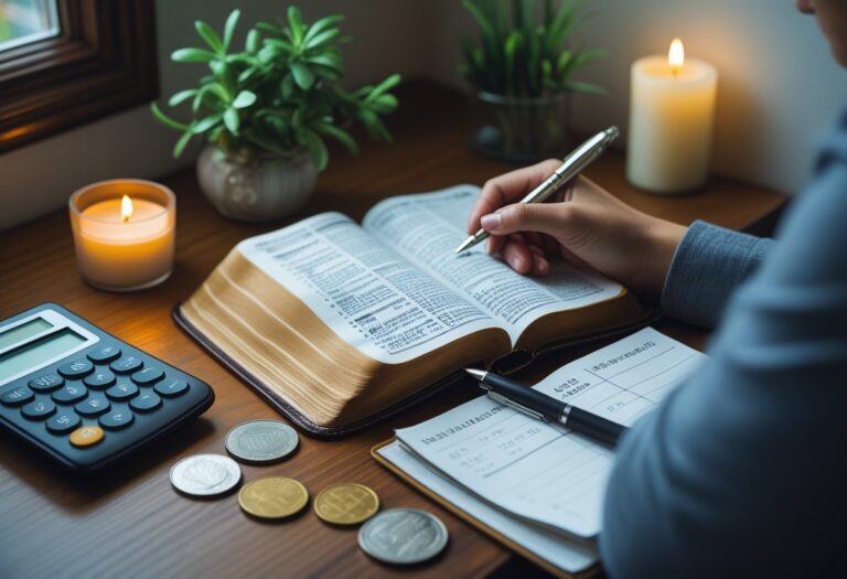 Pessoa sentada em uma mesa lendo a Bíblia, com dinheiro, calculadora e caderno ao redor, em um ambiente acolhedor.