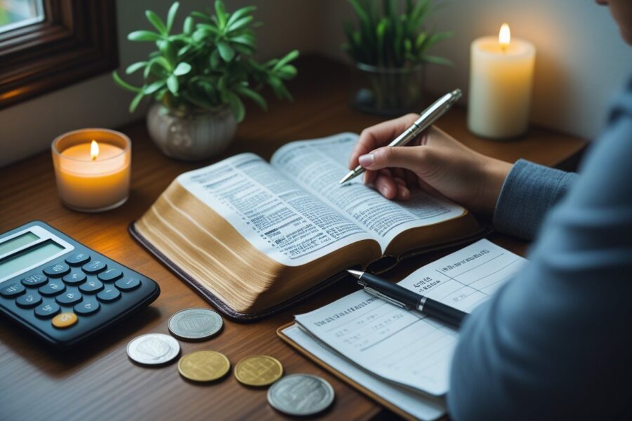 Pessoa sentada em uma mesa lendo a Bíblia, com dinheiro, calculadora e caderno ao redor, em um ambiente acolhedor.