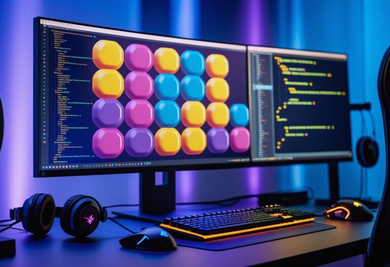 Espaço de trabalho moderno com computador exibindo gráficos de jogo e código, acompanhado de acessórios de jogos em uma mesa organizada.