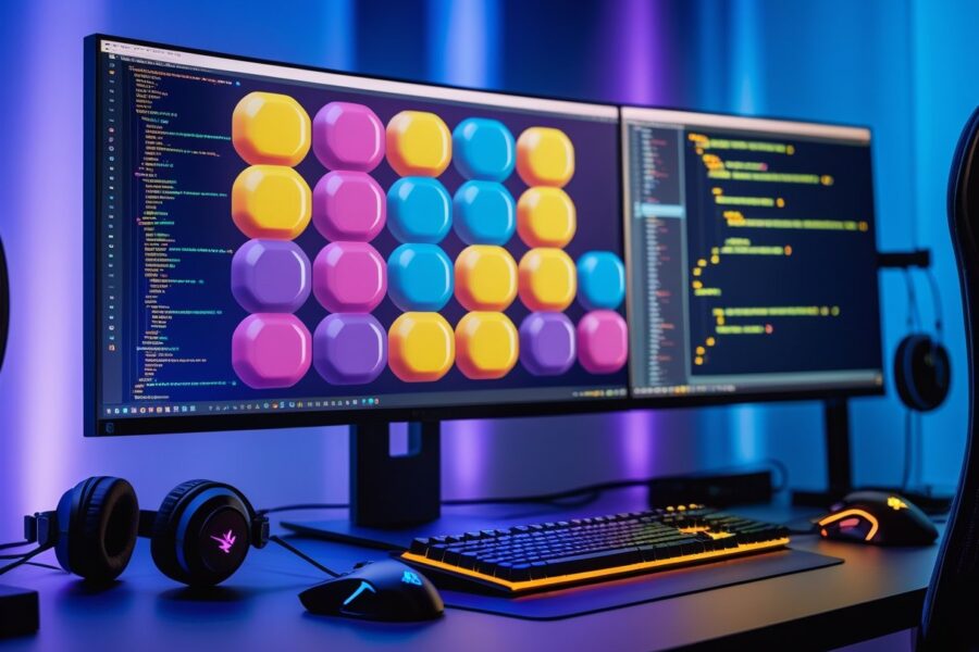Espaço de trabalho moderno com computador exibindo gráficos de jogo e código, acompanhado de acessórios de jogos em uma mesa organizada.