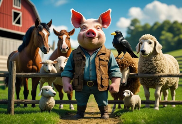 Um grupo de animais de fazenda reunidos, incluindo um porco no centro, um cavalo, um corvo, um cachorro e uma ovelha, em frente a um celeiro vermelho com campos verdes ao fundo.