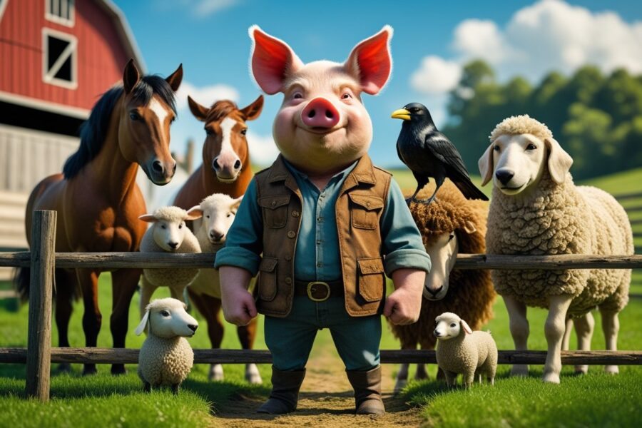 Um grupo de animais de fazenda reunidos, incluindo um porco no centro, um cavalo, um corvo, um cachorro e uma ovelha, em frente a um celeiro vermelho com campos verdes ao fundo.