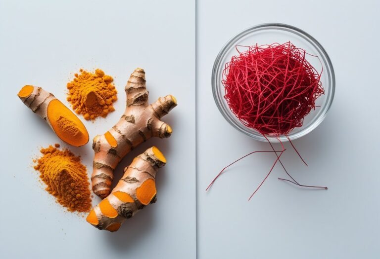 Raízes e pó de cúrcuma ao lado de fios de açafrão em fundo branco, mostrando a diferença entre os dois temperos.