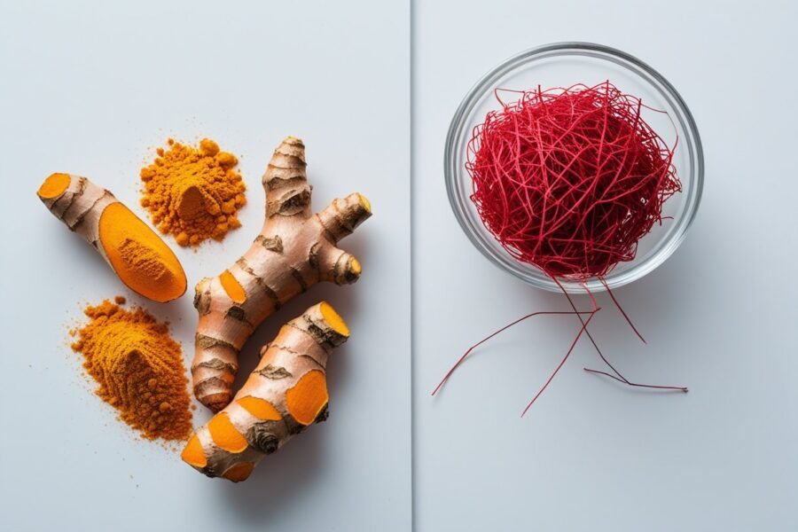 Raízes e pó de cúrcuma ao lado de fios de açafrão em fundo branco, mostrando a diferença entre os dois temperos.