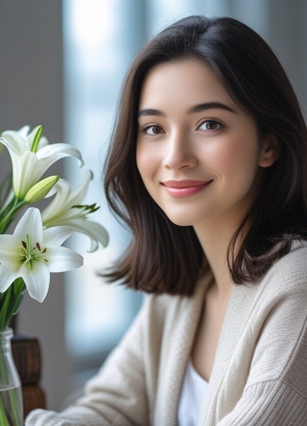 Jovem mulher sorridente em ambiente interno com flores brancas e livros ao redor.