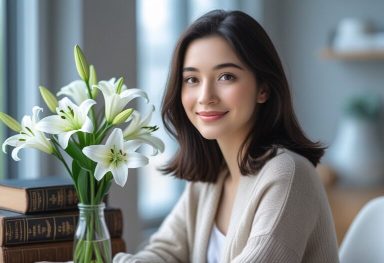 Jovem mulher sorridente em ambiente interno com flores brancas e livros ao redor.