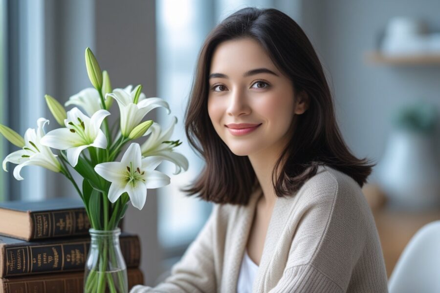 Jovem mulher sorridente em ambiente interno com flores brancas e livros ao redor.