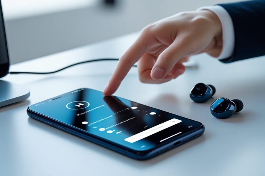 Uma mão interagindo com um smartphone que mostra as configurações de áudio para desativar o modo fone de ouvido, com fones de ouvido sem fio ao lado sobre uma mesa limpa.