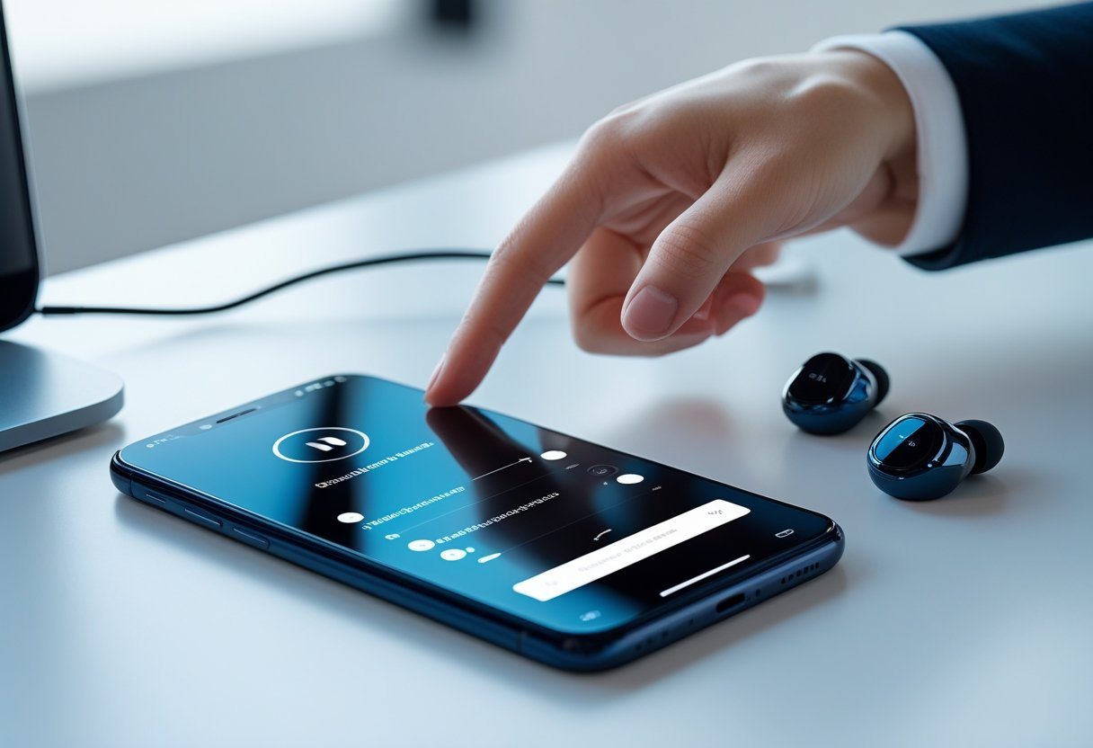 Uma mão interagindo com um smartphone que mostra as configurações de áudio para desativar o modo fone de ouvido, com fones de ouvido sem fio ao lado sobre uma mesa limpa.