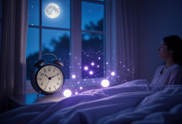 Pessoa meditando em um quarto escuro com um relógio marcando 3 horas da manhã, luz suave entrando pela janela e orbes de luz ao redor, transmitindo uma sensação de espiritualidade e tranquilidade.