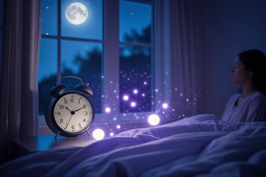 Pessoa meditando em um quarto escuro com um relógio marcando 3 horas da manhã, luz suave entrando pela janela e orbes de luz ao redor, transmitindo uma sensação de espiritualidade e tranquilidade.