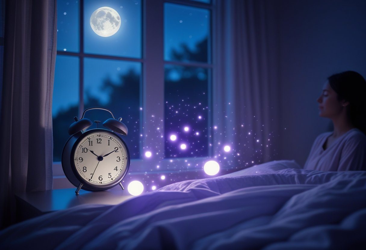 Pessoa meditando em um quarto escuro com um relógio marcando 3 horas da manhã, luz suave entrando pela janela e orbes de luz ao redor, transmitindo uma sensação de espiritualidade e tranquilidade.