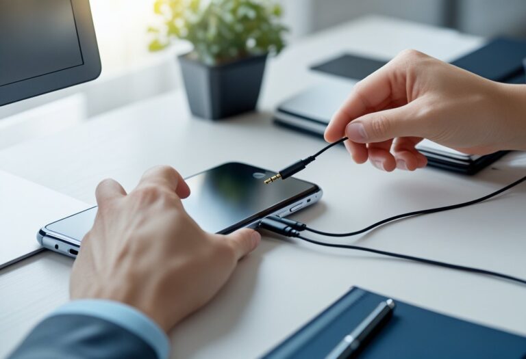 Pessoa segurando um fone com fio próximo à entrada do celular, tentando conectar, com uma mesa organizada ao fundo.