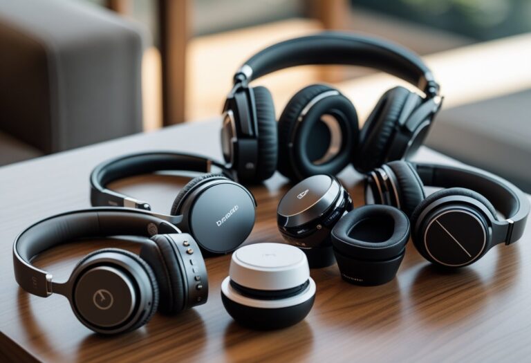 Diversos fones de ouvido de marcas famosas dispostos sobre uma mesa de madeira, em foco nítido com fundo desfocado.