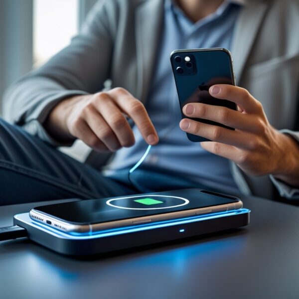 Pessoa usando fone Bluetooth enquanto o celular está carregando em uma base de carregamento sem fio.