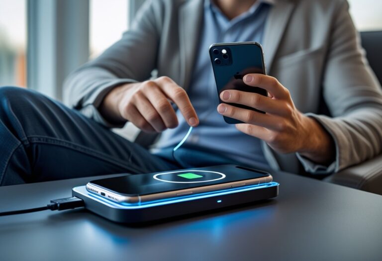 Pessoa usando fone Bluetooth enquanto o celular está carregando em uma base de carregamento sem fio.