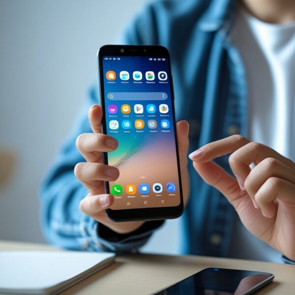 Pessoa segurando um smartphone Redmi, usando a tela sensível ao toque em um ambiente interno.